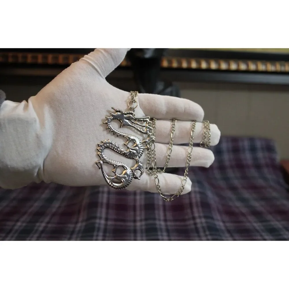 Chinese Dragon Silver Tone Pendant Necklace on Figaro Chain